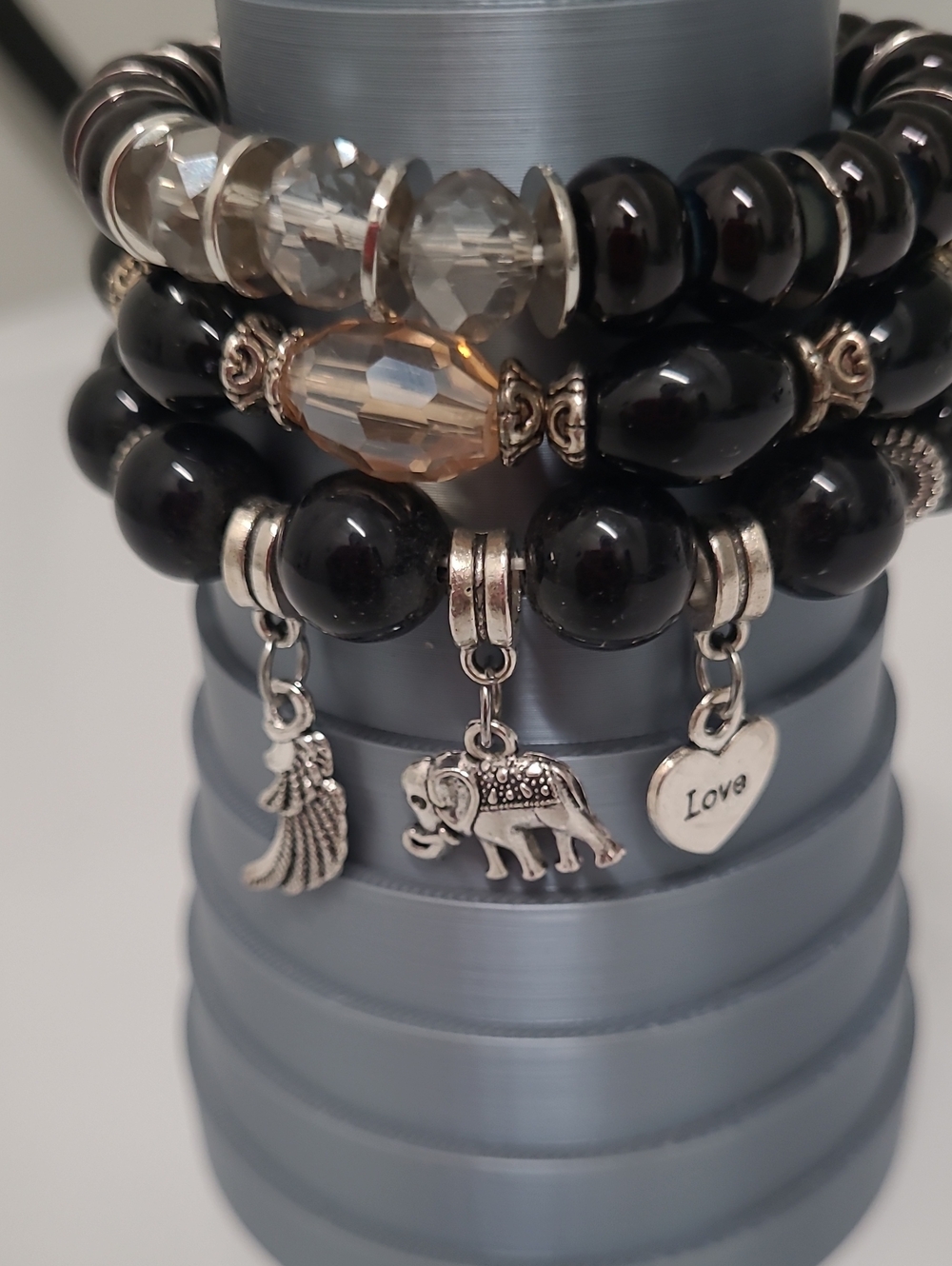 Black Beaded Charm Bracelet Stack with Elephant & Love Heart